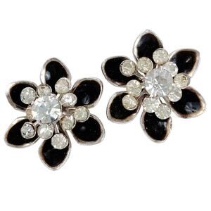 VTG Signed Coro Screw Back Earrings Black Enamel Rhinestone Mid Century